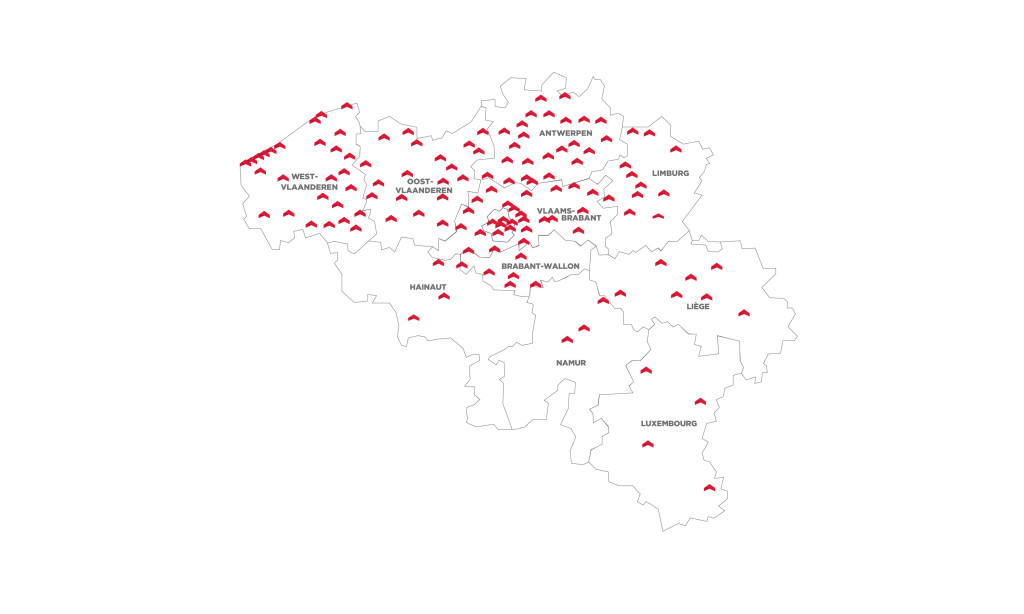 De kaart van België met alle ERA kantoren.